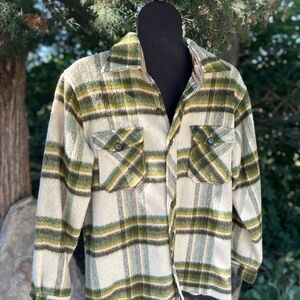 Vintage H-Bar-C Ranchwear Men’s/Women’s Green and Cream Wool Plaid Shirt Jacket
